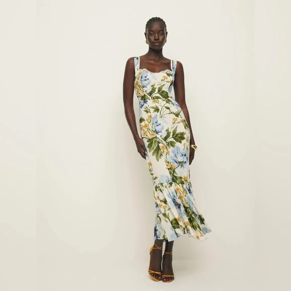 NEW Reformation Irisa Midi Dress in Botanist Cream Blue Green Floral | sz 2 - Picture 5 of 11
